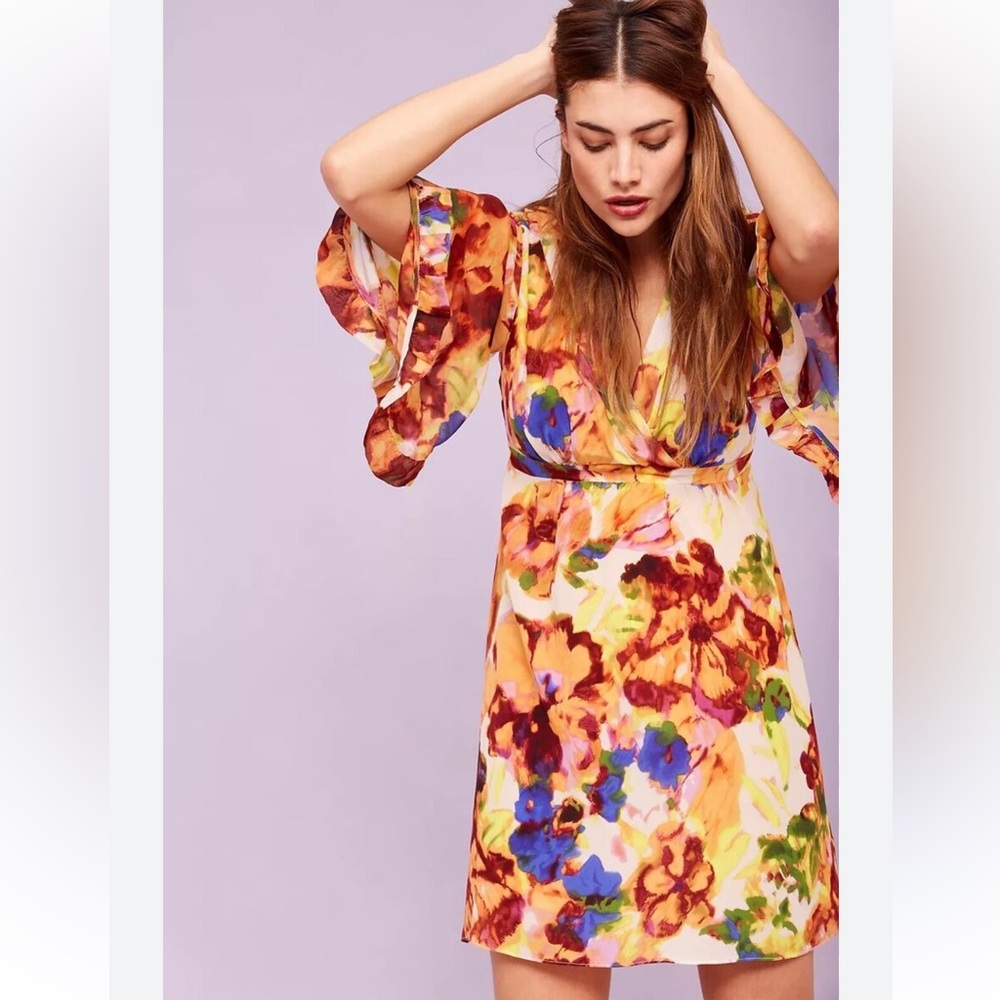Maeve Anthropologie Jaida Watercolor Bell Sleeve V-Neck Dress - Size 10
